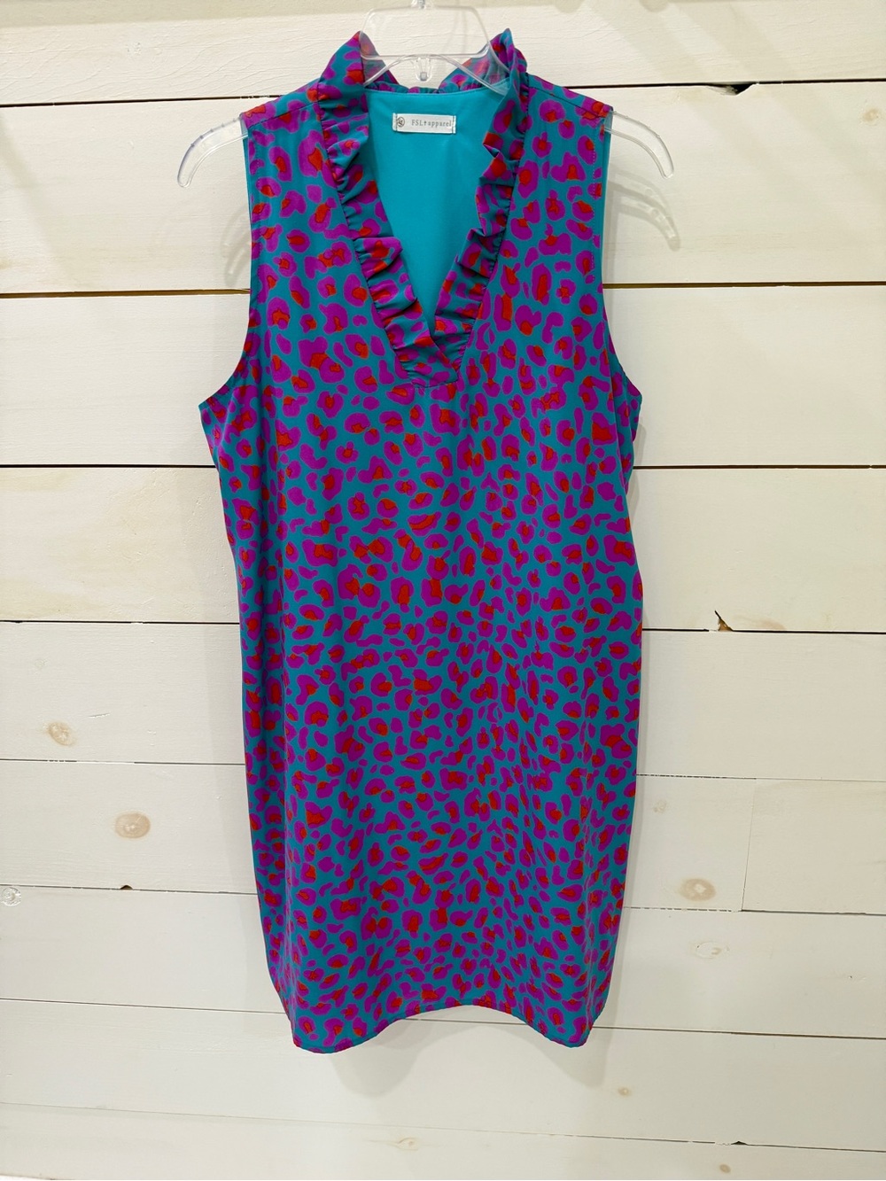 Sleeveless V-Neck Shift Dress in Turquoise with Magenta Spot Print